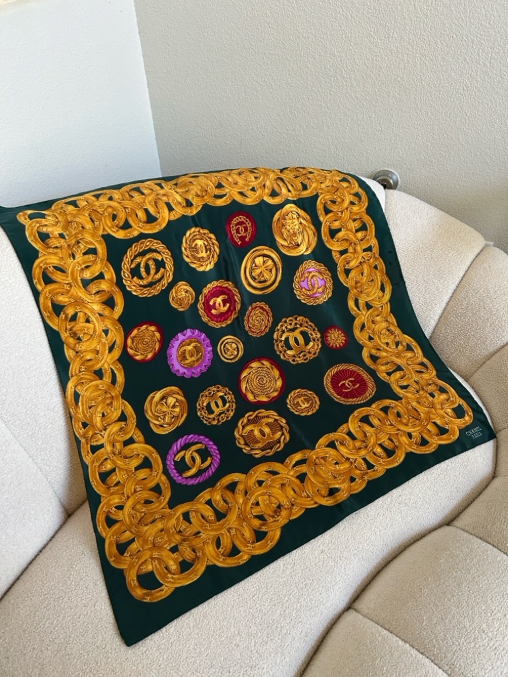 CHANEL Dark Green Scarf with Gold Chain and Multicolor Medallions